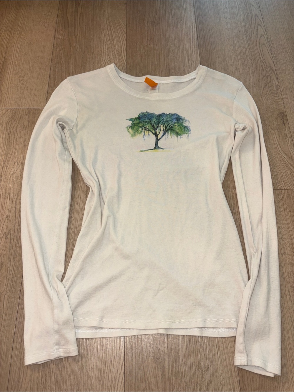 Lucy White Long Sleeve Crewneck Top with Tree Graphic